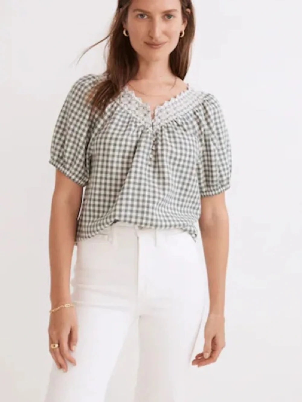 Madewell Green Gingham Linen Blend Eyelet Lace Trim Blouse Size XS